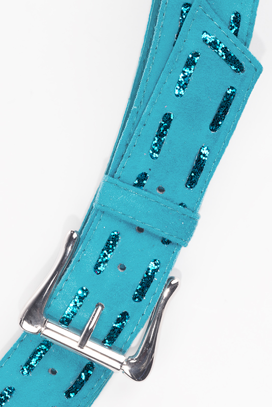 Turquoise blue women's dress belt, matching pumps and bags. Made to measure. Top view - Florence KOOIJMAN